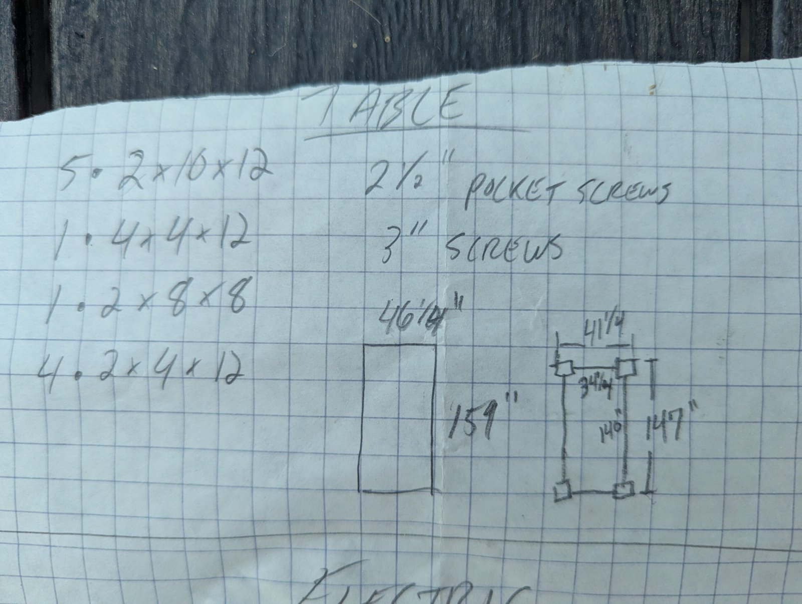 Handwritten plans and lumber list