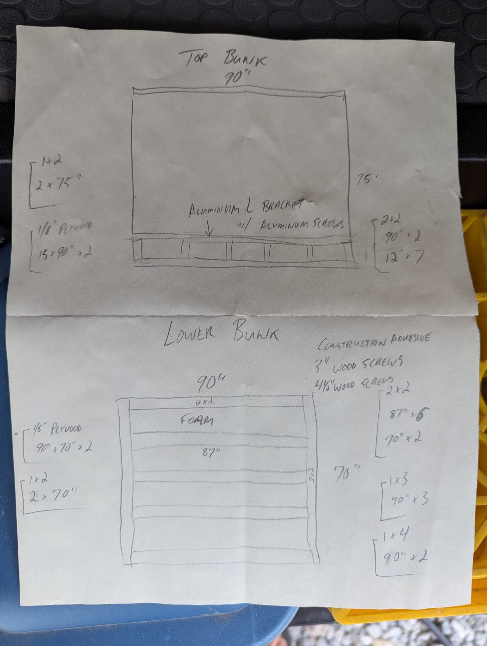 Handwritten plans and lumber list
