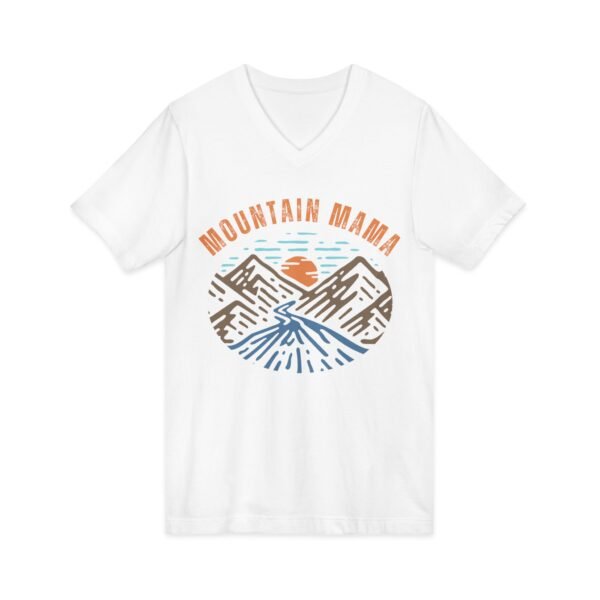 Mountain Mama Shirt - Bella Canvas Unisex V-Neck T-Shirt with Mountains, Stream & Sun Graphic, Outdoorsy Adventure Tee - Image 3