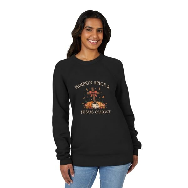 Pumpkin Spice And Jesus Christ Sweatshirt - Bella  Canvas Unisex Raglan Fleece, Christian Fall Sweater, Faith & Coffee Crewneck - Image 3
