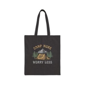 Camp More Worry Less Tote Bag - Black Canvas Camping Tote, Adventure Outdoor Bag with Mountains, Trees & Tent Design (15x16 in)