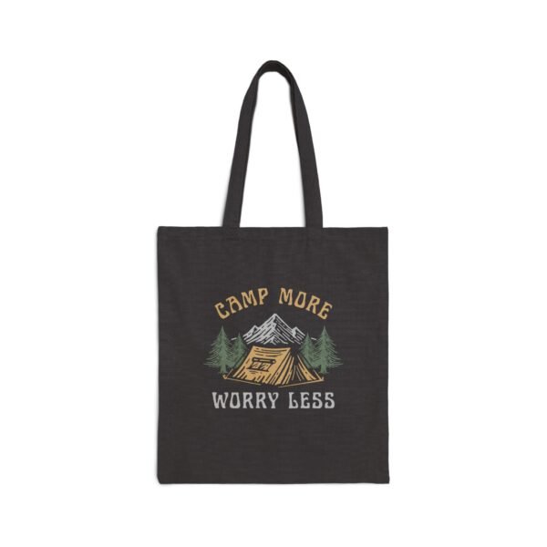 Camp More Worry Less Tote Bag - Black Canvas Camping Tote, Adventure Outdoor Bag with Mountains, Trees & Tent Design (15x16 in)