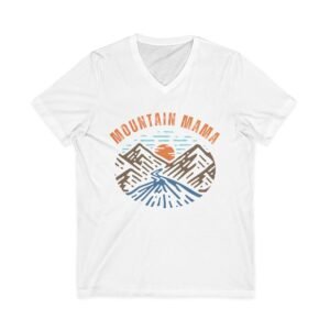 Mountain Mama Shirt - Bella Canvas Unisex V-Neck T-Shirt with Mountains, Stream & Sun Graphic, Outdoorsy Adventure Tee