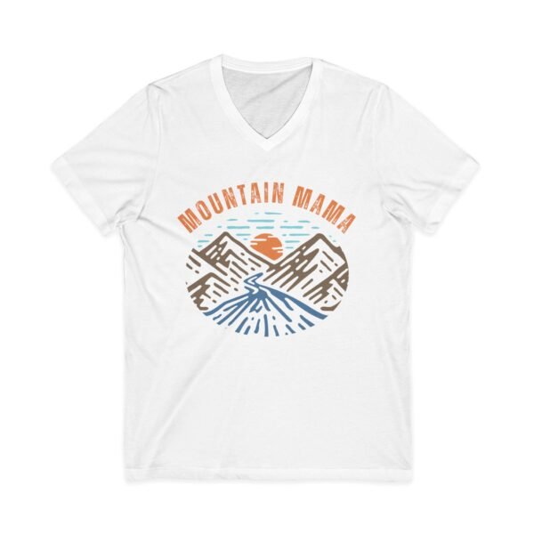 Mountain Mama Shirt - Bella Canvas Unisex V-Neck T-Shirt with Mountains, Stream & Sun Graphic, Outdoorsy Adventure Tee