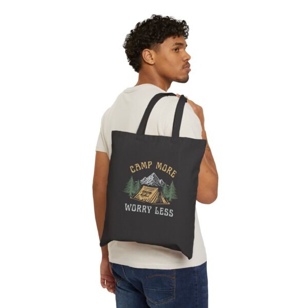 Camp More Worry Less Tote Bag - Black Canvas Camping Tote, Adventure Outdoor Bag with Mountains, Trees & Tent Design (15x16 in) - Image 3