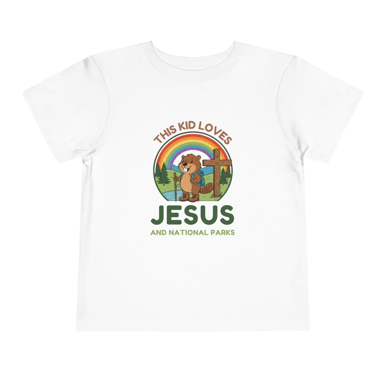 This Kid Loves Jesus and National Parks Toddler T-Shirt - Christian Adventure Tee with Rainbow, Cross & Backpacking Beaver - Image 2