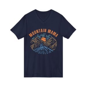 Mountain Mama Shirt - Bella Canvas Unisex V-Neck T-Shirt with Mountains, Stream & Sun Graphic, Outdoorsy Adventure Tee