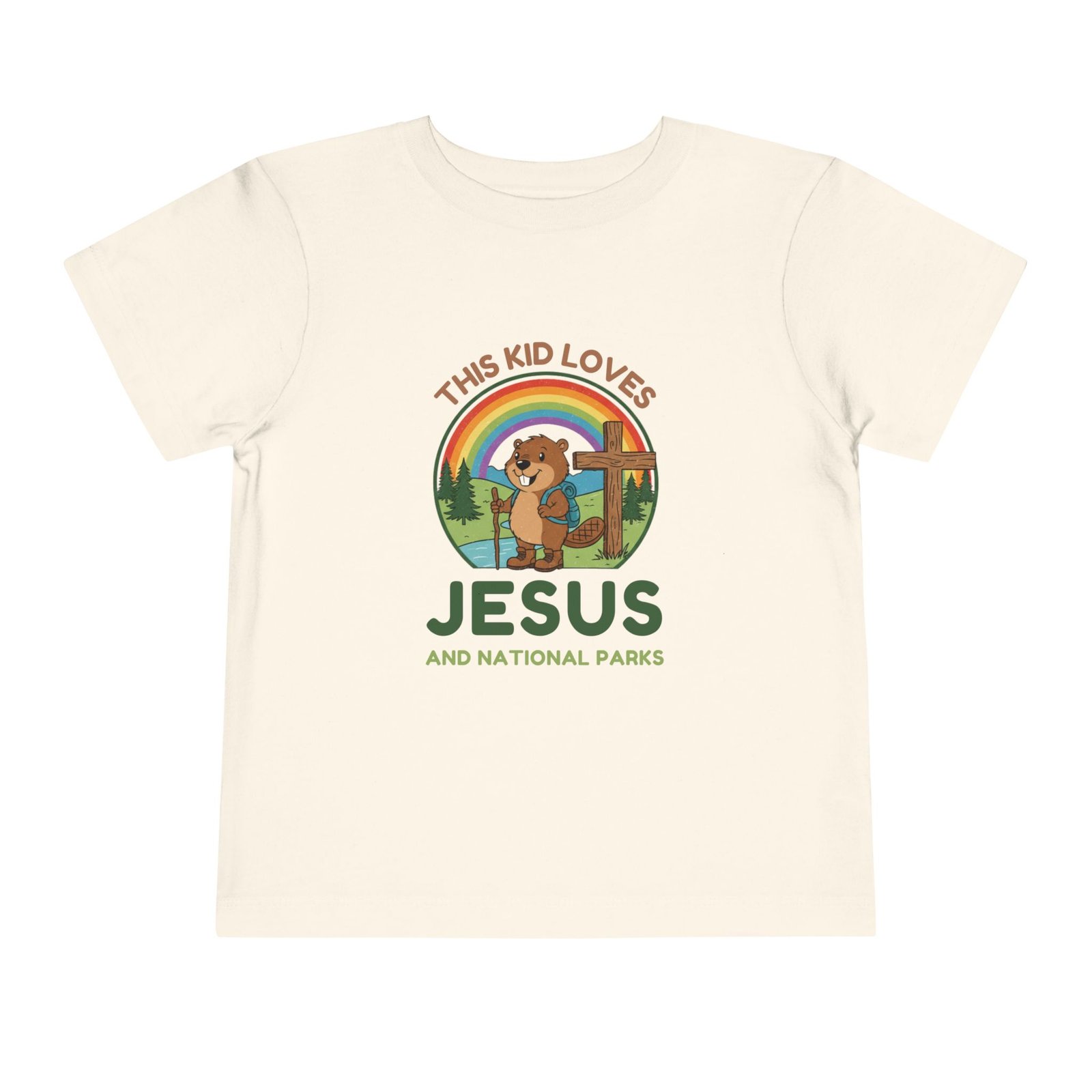 This Kid Loves Jesus and National Parks Toddler T-Shirt - Christian Adventure Tee with Rainbow, Cross & Backpacking Beaver - Image 3