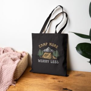 Camp More Worry Less Tote Bag - Black Canvas Camping Tote, Adventure Outdoor Bag with Mountains, Trees & Tent Design (15x16 in)