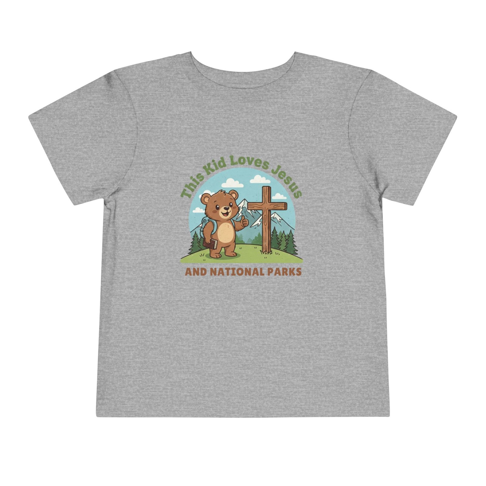 This Kid Loves Jesus and National Parks Toddler T-Shirt - Christian Adventure Shirt with Bear & Mountains, Outdoor Kids Tee