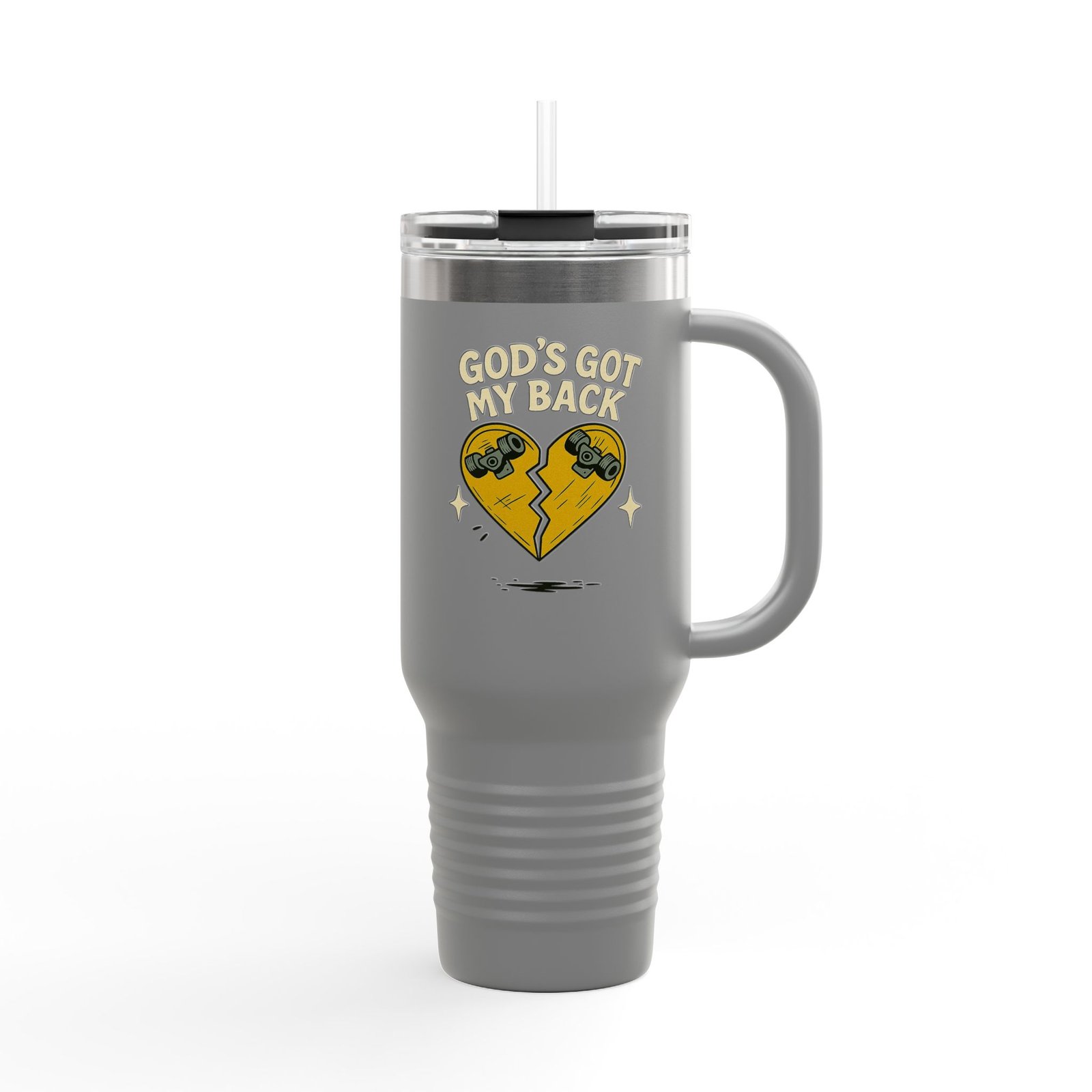 40oz Insulated Travel Mug — Broken Skateboard Heart “God's Got My Back” Design - Image 6