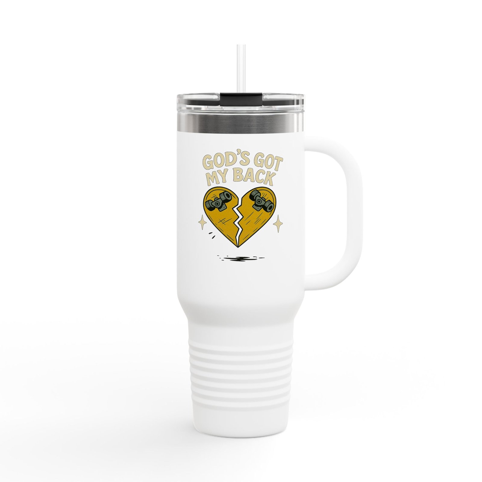 40oz Insulated Travel Mug — Broken Skateboard Heart “God's Got My Back” Design