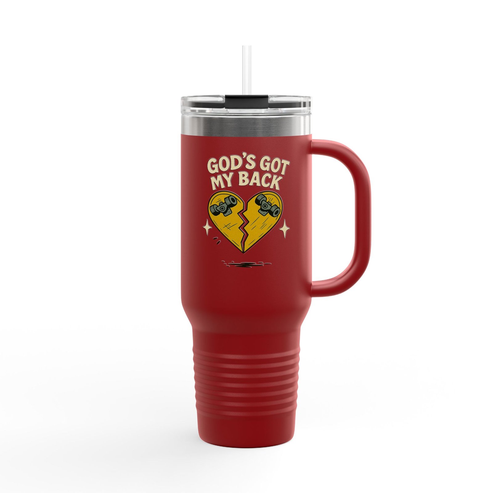 40oz Insulated Travel Mug — Broken Skateboard Heart “God's Got My Back” Design - Image 3