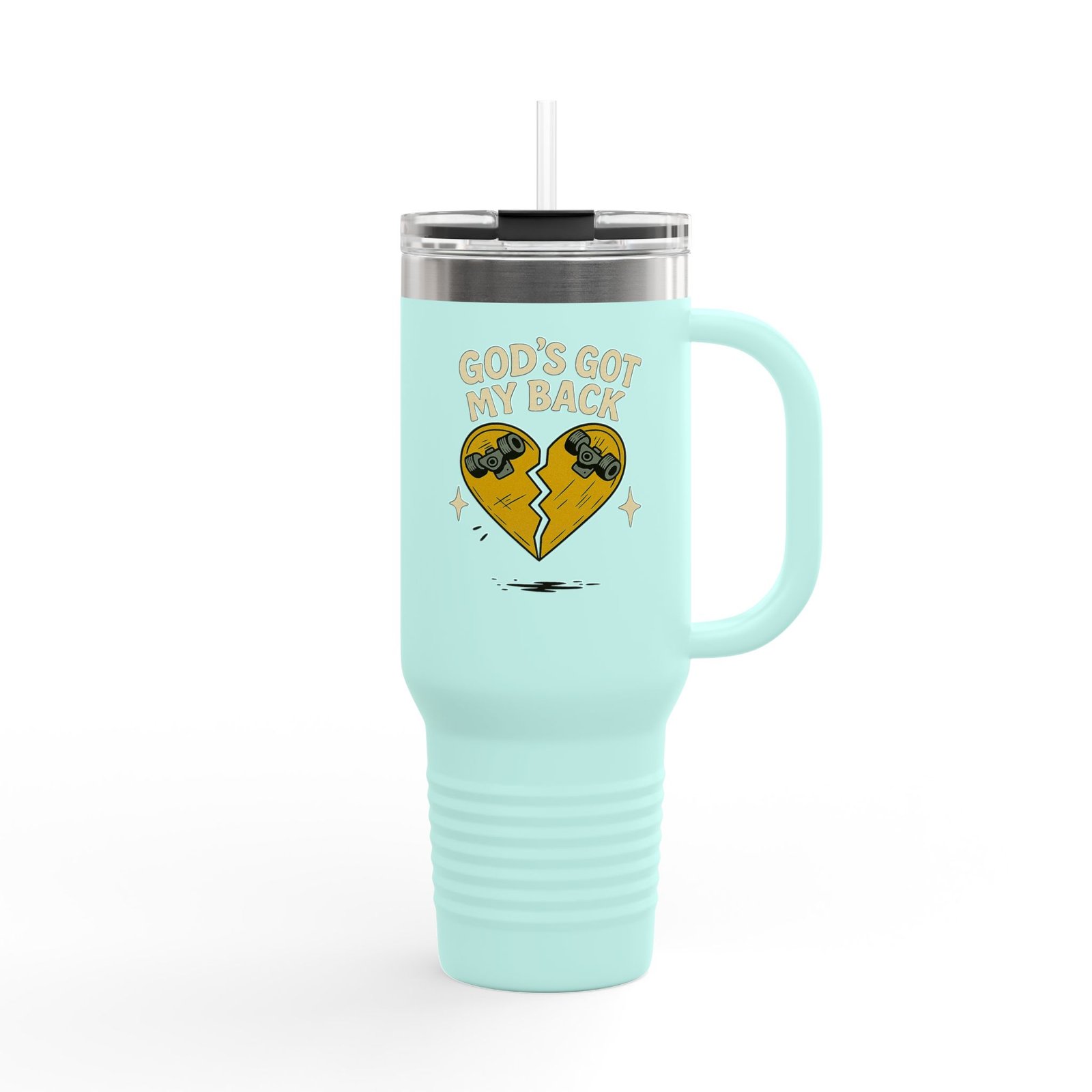 40oz Insulated Travel Mug — Broken Skateboard Heart “God's Got My Back” Design - Image 7