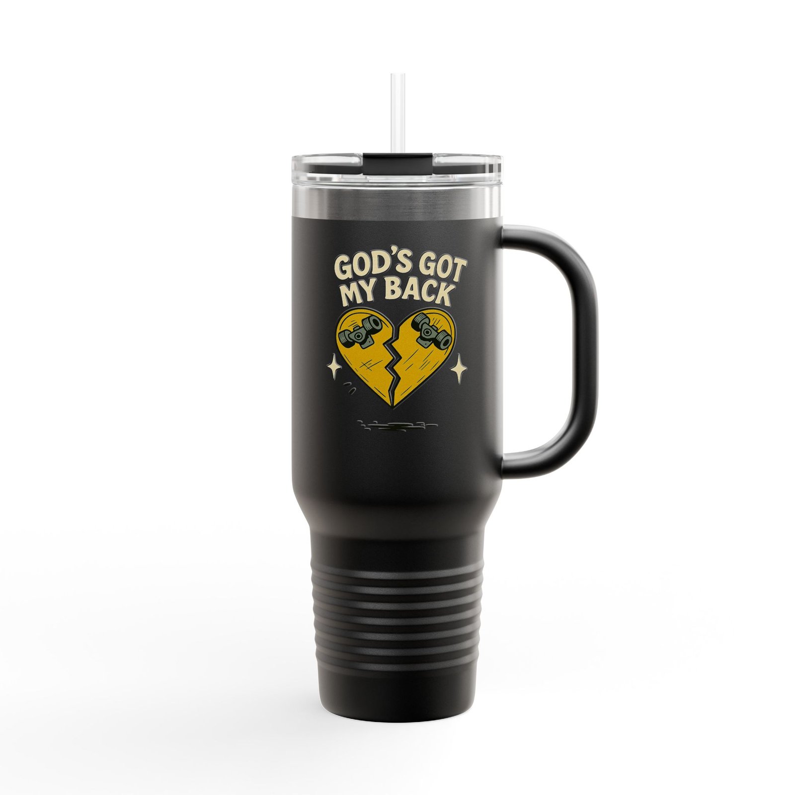 40oz Insulated Travel Mug — Broken Skateboard Heart “God's Got My Back” Design - Image 4